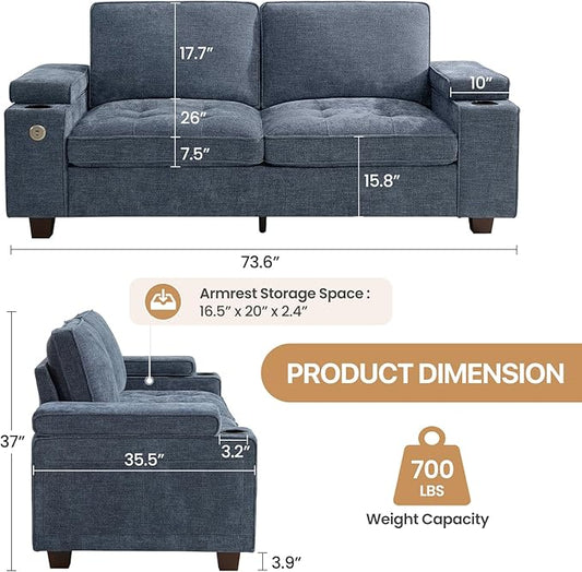 74" Loveseat Couch for Living Room,Modern Chenille Upholstered Sofa with Adjustable Storage Armrest,Cup Holders,USB & Type-C Ports, Solid Wood 2-Seater Loveseat Sofa for Apartment(Blue)
