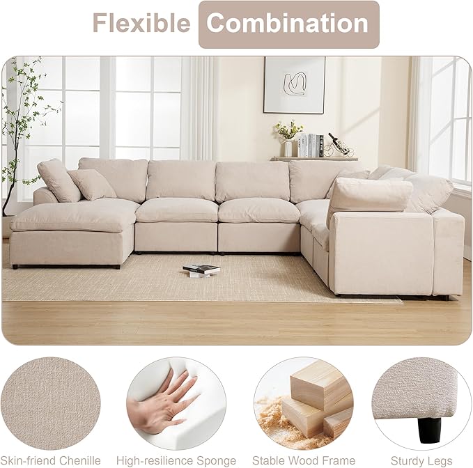 129.3" Oversized Modular Sectional Sofa, U Shaped Couch with Movable Ottoman, Large 7 Seat Corner Couches for Living Room, Spacious Space, Beige