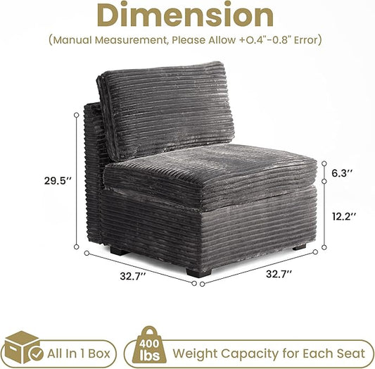 32.7'' Middle Seat for Modular Sectional Sofa, Deep Seat Upholstered Armless Chair Sleeper Sofas, L/U/V Shaped Plush Corduroy Cloud Couch for Living Room Apartment, Grey