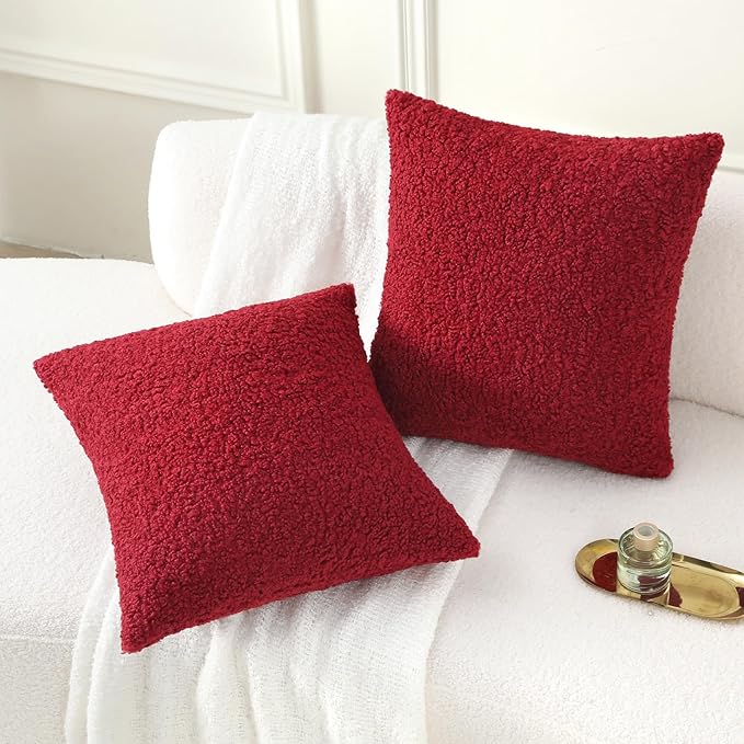 FUTEI Christmas Maroon Red Throw Pillow Covers 18x18 Inch Set of 2,Furry Faux Fur Teddy Boucle Textured Cushion Covers,Soft Fluffy Decorative Pillow Case,Home Decor for Couch Bed Living Room Car