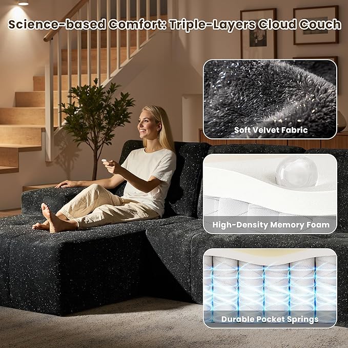 114" Glitter Cloud Sectional Couch with L-Shape Chaise & Ottoman, Modern Boneless Couches for Living Room, Fluffy Tufted Deep Seat Modular Sofa No Assembly (Gray Sparkly Velvet,Left Facing)