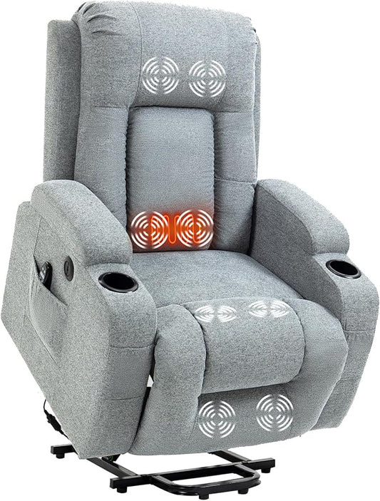 PELUMY Manual Lift Recliner Chair for Elderly with Massage & Heat, Oversized Heavy Duty 350 lbs Recliner with Cup Holders & USB Ports, Infinite Positioning Lift Chair for Adults (Linen Fabric, Grey)