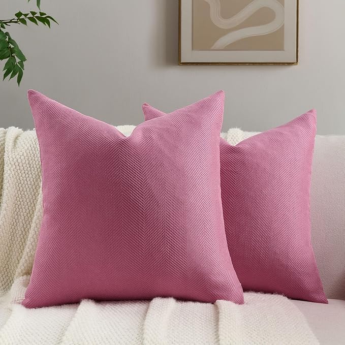 FUTEI Hot Pink Chenille Throw Pillow Covers 18x18 Inch Set of 2,Soft Wide Chevron Textured Cushion Case,Farmhouse Home Decor for Couch Bed Living Room