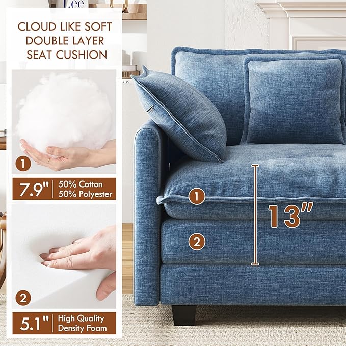 WorthFurni 111.4” Cloud Couch, Modular Sectional Sofa, Comfy Modern 3-Seater Couches with Pillows & Upholstered Deep Seat Cushion for Living Room Apartment Bedroom (Blue)