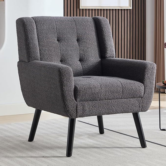 Dolonm Midcentury Modern Teddy Accent Chair with Arms, Upholstered Reading Side Chair Tufted Back Decorative Wingback Chair for Living Room Bedroom (Grey)
