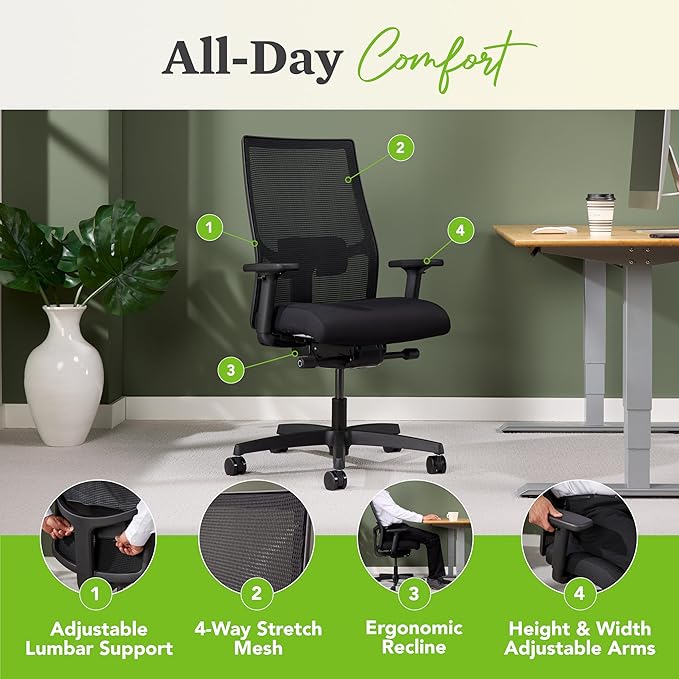 HON Ignition 2.0 Mid Back Task Chair, Spectrum Mesh, Advanced Synchro-Tilt Control, Office Chair with Lumbar Support, Height and Width Adjustable Arms, Black Frame, Quicksand