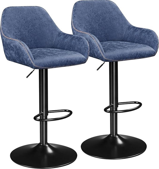 Yaheetech Bar Stools Set of 2, PU Leather Swivel Counter Height Barstools, Adjustable Bar Chairs with Backrest and Footrest, Kitchen Island Stool for Home Kitchen, Blue