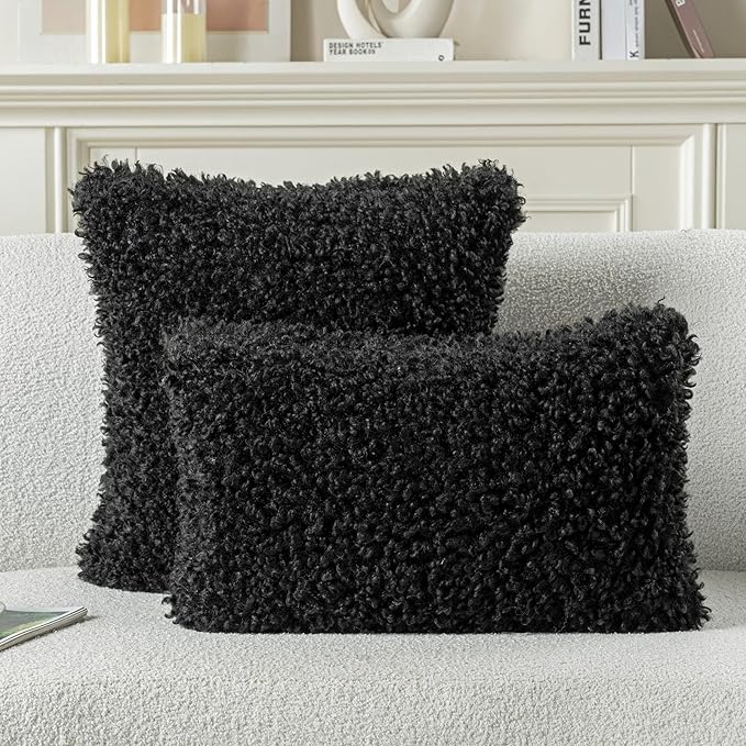 FUTEI Black Decorative Throw Pillow Covers 18x18 Inch Set of 2,Soft Fluffy Faux Wool Fur Boucle Textured Cushion Case,Modern Home Decor for Couch Bed Living Room Office