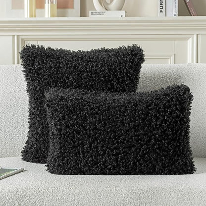 FUTEI Black Decorative Throw Pillow Covers 22x22 Inch Set of 2,Soft Fluffy Faux Wool Fur Boucle Textured Cushion Case,Modern Home Decor for Couch Bed Living Room Office