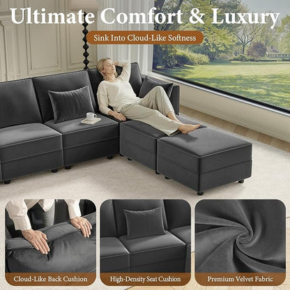 Vesgantti Modular Sofa Bed with Storage, 92" Sleeper Sofas with 9 Seats Storage Chaises Removeble Cover, Luxury Large Velvet Sectional Couch Set for Living Room, Apartment, Home Theatre, Gray
