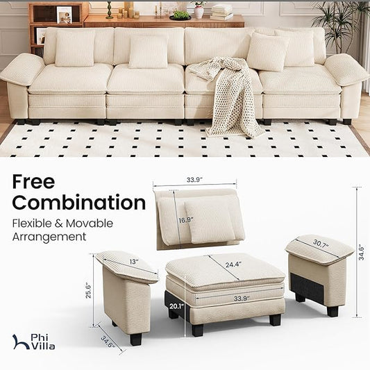 PHI VILLA Cloud Modular Couches Sets, 157.5" Long Sectional Sofa with Upholstered Deep Seat, 4-Seater Couches for Living Room, Chenille Corduroy Dual Fabric, Beige