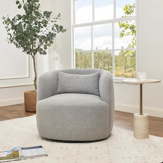 KINWELL 34" Wide Sherpa Swivel Barrel Chair, No Assembly Round Boucle Upholstered Accent Chair Armchair Single Sofa Chair with Toss Pillow for Living Room and Bedroom, Gray