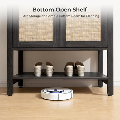 SICOTAS Rattan Shoe Storage Cabinet - 5 Tier Farmhouse Boho Shoe Storage Organizer Cabinet with Doors and Shelves, Tall Shoe Rack for Entryway, Hallway, Living Room, Closet (Obsidian)