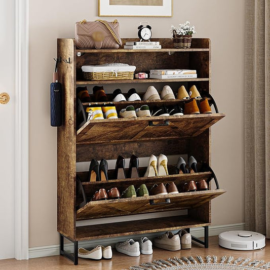 Shoe Storage Cabinet with 2 Flip Drawers, Narrow Wood Shoe Cabinet Storage for Entryway with Metal Legs & Hooks, Adjustable Shelves, Freestanding Shoe Rack Organizer for Foyer, Hallway, Brown
