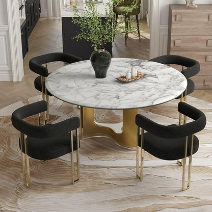 Set of 4 Modern Black Boucle Dining Chairs with Gold Metal Legs, Mid Century Accent Upholstered Barrel Armchairs with Open-Back for Kitchen, Dining Room, Living Room, Apartment