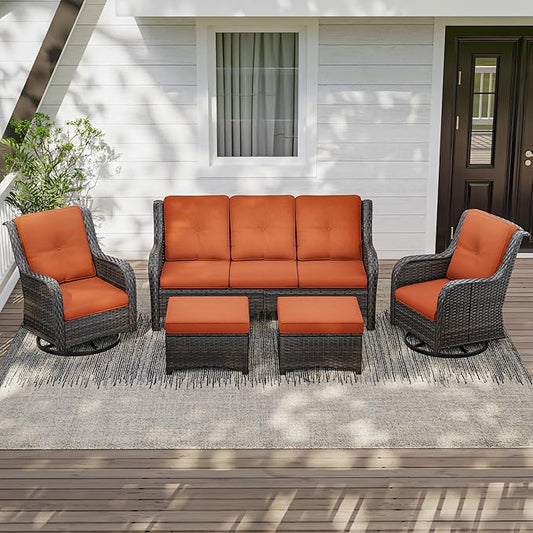 5 Pieces Outdoor Patio Furniture Set - Conversation Set Includes Wicker Swivel Rocker Chairs Set of 2, 2 Ottoman, 3-Seat Sofa, Suitable for Porch, Yard, Mixed Brown Rattan, Orange