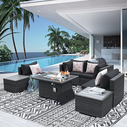NICESOUL 7 Piece Outdoor Patio Sectional Furniture Set with Fireplace Natural Gas/Propane, 29.3'' High Back Comfortable Wicker Conversations, Large Size Deep Seats Couches for Garden Backyard, Gray