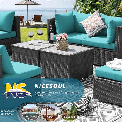 NICESOUL 11 Piece L Shaped Outdoor Conversation Set, 29.3'' High Back Comfy Wicker Patio Sectionals, Large Size Wide & Deep Seat Sofa Couches, 9 Seater Modern Furniture, 2 Color Cushion Teal & Gray