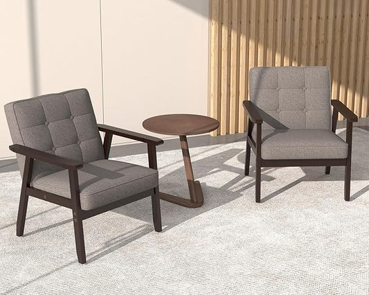 Modern Accent Chair with Wooden Table, Upholstered Linen Fabric Leisure Chair Comfy Side Chair with Backrest Button and Arm Rest for Living Room Bedroom Reading(Gray)