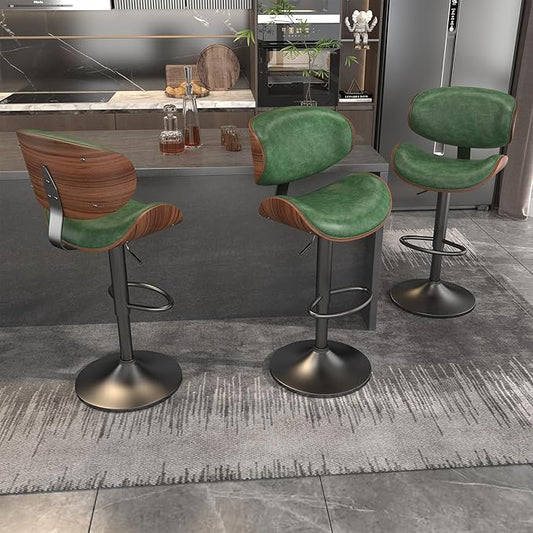 Bar Stools Set of 2, Bar Stools for Kitchen Island with Bentwood Back and Leather Seat, Green
