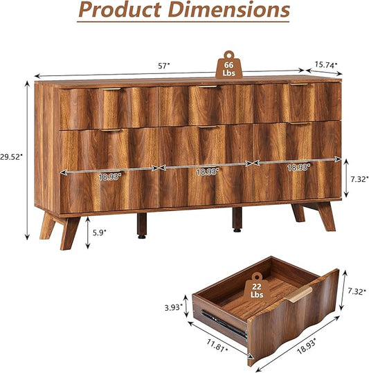 9 Drawer Dresser, Modern Fluted Storage Dresser with Deep Drawers and Metal Handles, Wood Chest of Drawers Storage Organizer for Bedroom, Living Room, Hallway (Walnut)