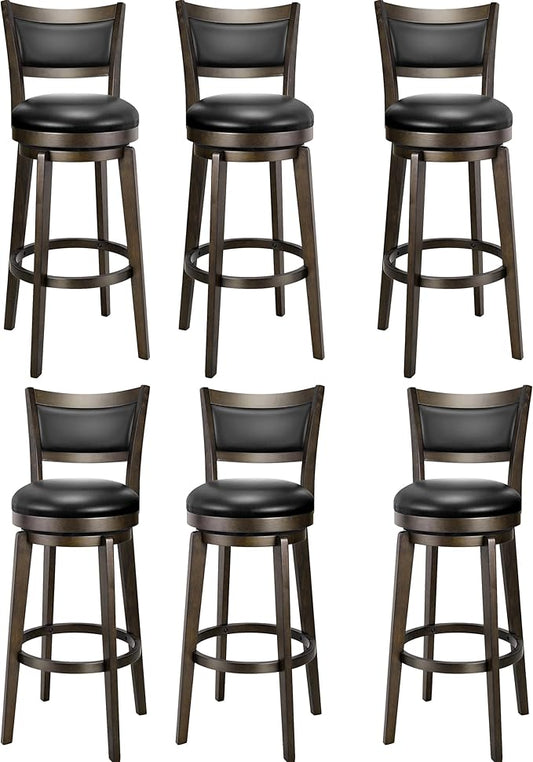 PrimeZone Swivel Bar Stools Set of 6, 32 Inch Tall Bar Height Barstools, Black Faux Leather Bar Stool with High Backrest & Solid Wood Legs & Wrap-Around Footrest, Counter Stools for Pub