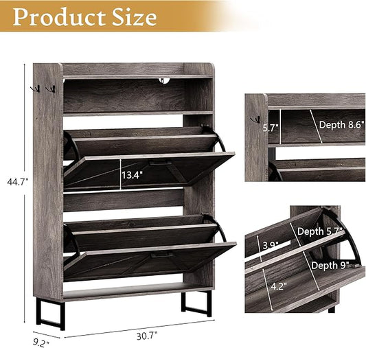 Shoe Storage Cabinet with 2 Flip Drawers, Narrow Wood Shoe Cabinet Storage for Entryway with Metal Legs & Hooks, Adjustable Shelves, Freestanding Shoe Rack Organizer for Foyer, Hallway, Grey