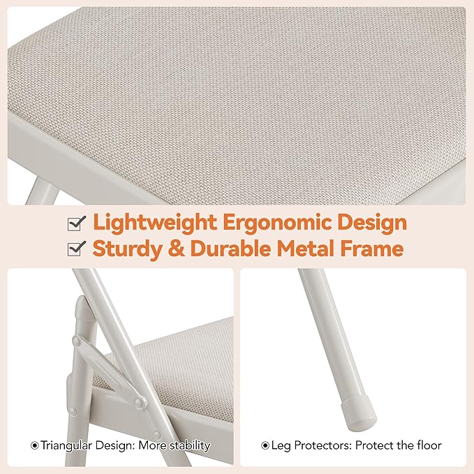 GarveeHome 4 Pack Folding Chairs with Fabric Padded, Metal Foldable Chair Linen Cushion and Back for Indoor Outdoor, Commercial Stackable Guest Chairs for Camping, Dining Room, Office, Wedding, Beige