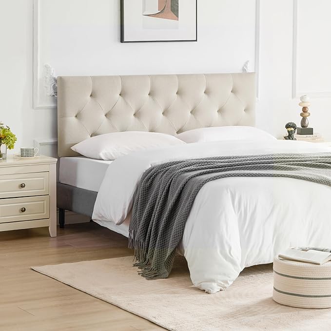 Linen Upholstered Headboard Twin Size, Diamond Tufting Solid Wood Twin XL Headboard Only, Adjustable Height from 37” to 51” Head Board, Dorm Bed Frame or Wall Mount Headboards, Beige