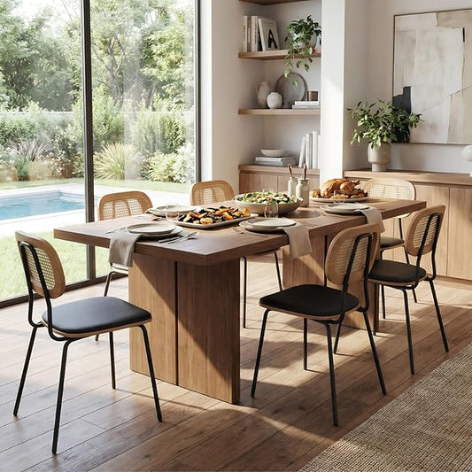 Mid-Century Modern Rattan Cane Back Dining Chairs Set of 6 — PU Leather Upholstered Seat, Black Metal Legs, Kitchen Side Chairs for Kitchen & Dining Room, Black