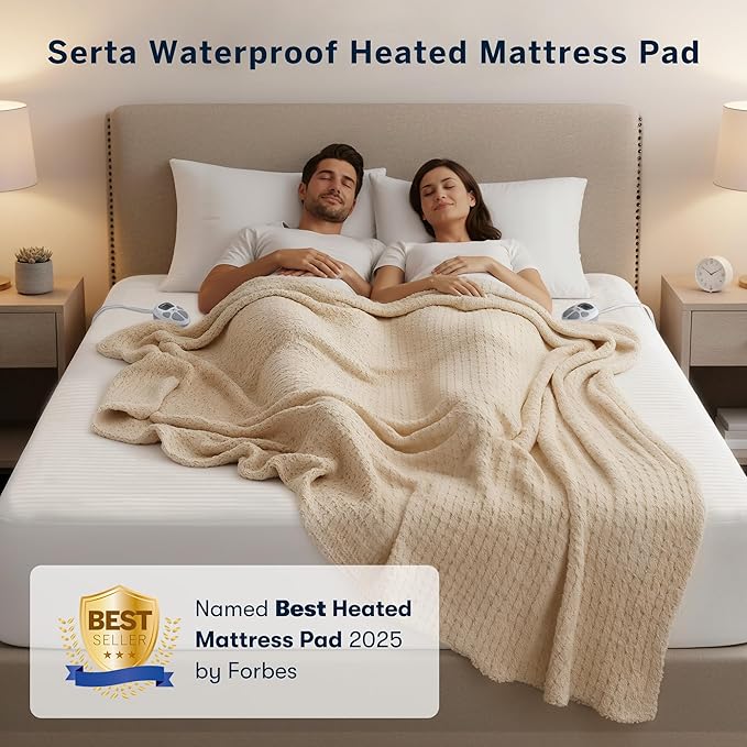Serta Waterproof Heated Mattress Pad - Electric Bed Warmer With 10 Heat Settings Controller, Auto Shut Off Timer, Deep All Around Elastic Pocket, ETL Certified, Machine Washable,White California King