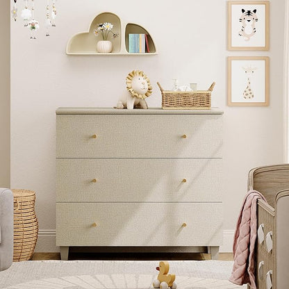 WAMPAT 3-Drawer Kids Dresser for Bedroom, Modern Small Chest of Drawers with Gold Knobs, 35 Inch Wide Linen Printed Finish Wood Children Dresser for Baby Room, Nursery, Living Room, Dark Beige