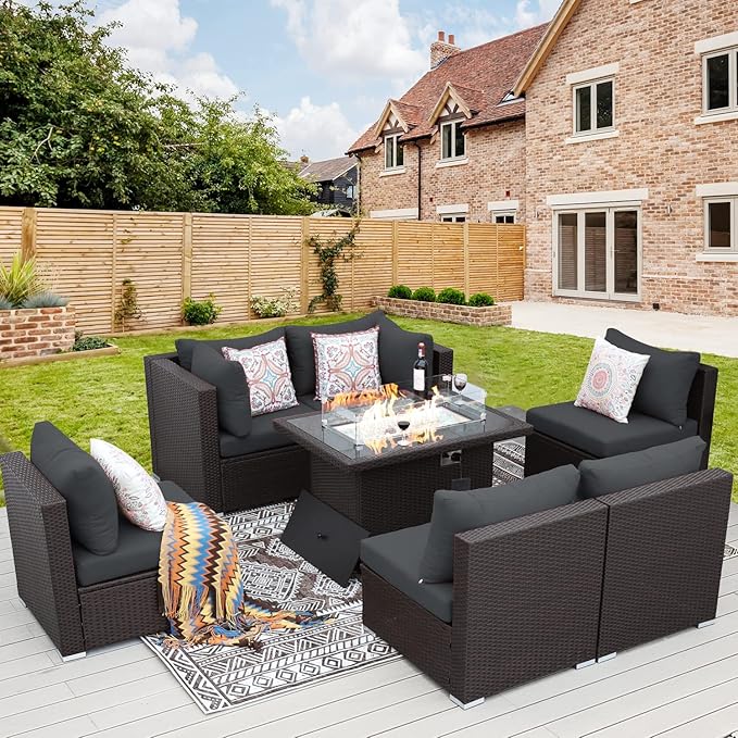 NICESOUL 7 Piece Large Size Outdoor Patio Furniture Set with Fire Pit, 29.3'' High Back Deep Seat Sectional Conversation Sets, Heavy Duty Modern Backyard Sitting, Brown Rattan and Dark Grey Cushion