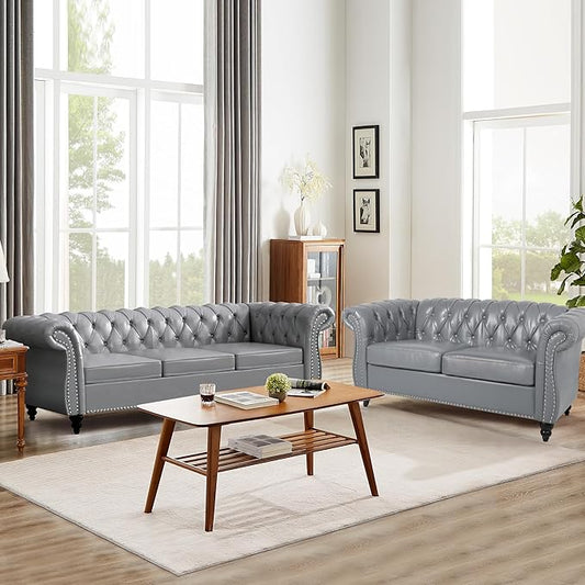 Faux Leather Sofa and Loveseat set, Mid Century Modern Upholstered Couch with Cushions, 2-Piece Home Sofa Living Room Furniture Sets, Comfy Tufted Chesterfield Couches for Bedroom, Office (Grey)