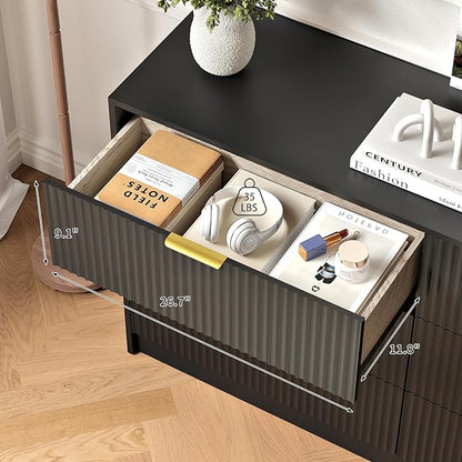 6 Drawers Fluted Dresser for Bedroom, 55" Wide Wooden Dresser with Deep Drawers, Large Floor Chest of Drawers, Modern Long TV Stand, Storage Cabinet Side Table, Black