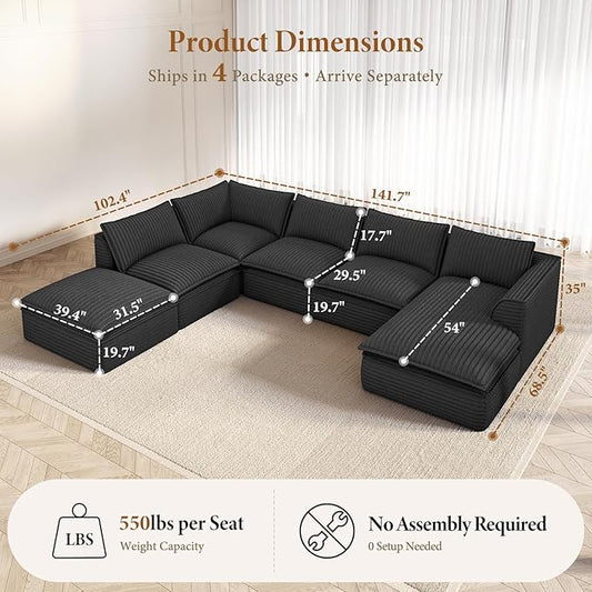 Vesgantti 141.7" Oversized Sectional Boneless Couch, Modern 7 Seater Modular Sofa with Chaise & Ottoman, Deep Seat Plush Corduroy Cloud Couches for Living Room, No Assembly Required, Dark Gray