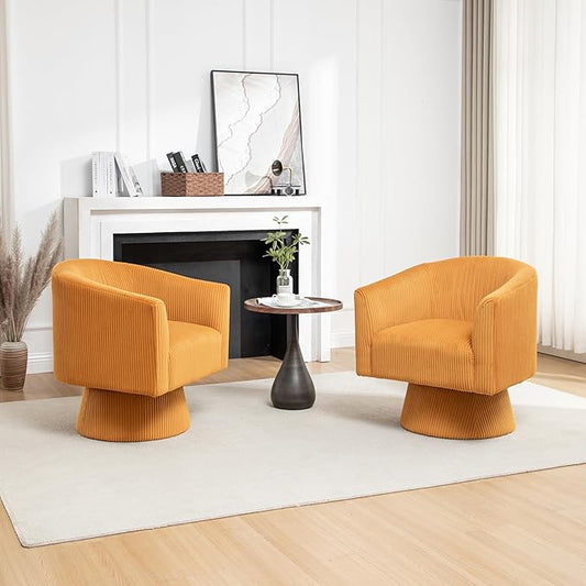 Swivel Accent Chair Set of 2, Modern 360° Swivel Barrel Chair, Corduroy Upholstered Single Sofa for Living Room, Bedroom(Mustard)