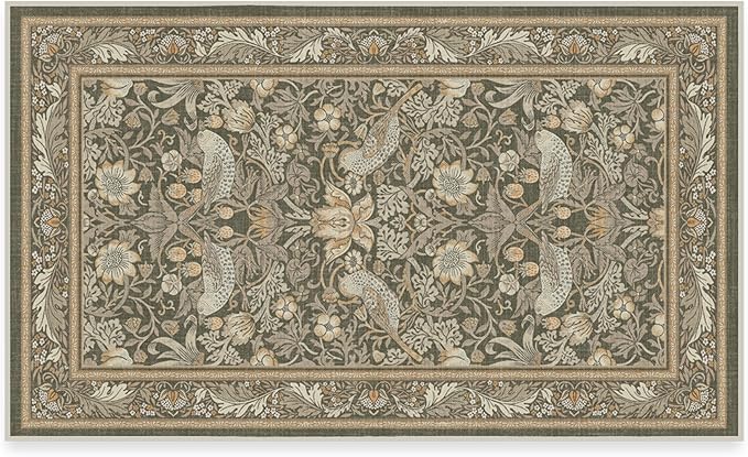 RUGGABLE x Morris & Co Machine Washable Area Rug – Strawberry Thief Stone Gold 3x5, Stain-Resistant, Non-Slip – Small Rugs for Living Room, Bedroom, Hallway, Entryway & Office–with Cushioned Pad