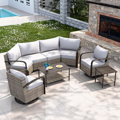 COOS BAY Aurora Terrace Half-Moon Outdoor Furniture Set, Rattan Conversation Set with Swivel Rockers, Curved 4-Seat Sofa, Coffee Table & Side Table, Seats 6, Beige/Beige