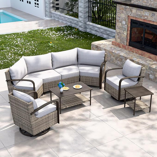 COOS BAY Aurora Terrace Half-Moon Outdoor Furniture Set, Rattan Conversation Set with Swivel Rockers, Curved 4-Seat Sofa, Coffee Table & Side Table, Seats 6, Beige/Beige