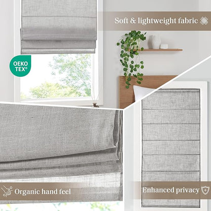Madison Park Kyler Cordless Roman Shades - Single Panel, Lightweight Linen Blend Fabric, Natural Design, Easy Installation, Light Filtering Window Blind, Bedroom, Living Room Decor 35" W x 64" H Grey