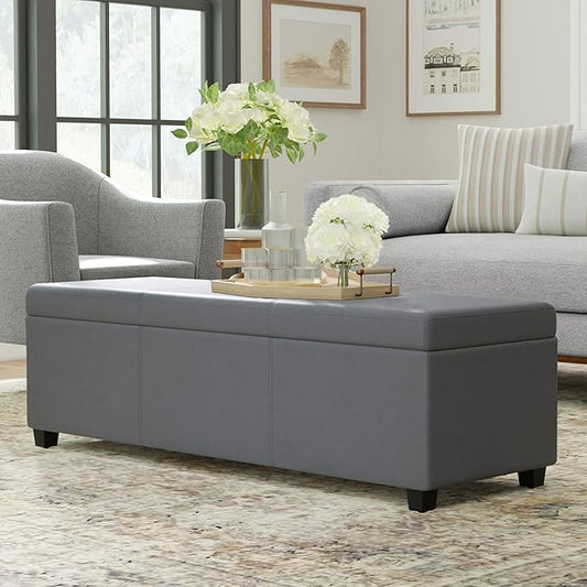 SIMPLIHOME Avalon 54 inch Wide Contemporary Rectangle Extra Large Storage Ottoman Bench in Stone Grey PU faux leather, Assembled, For the Living Room, Entryway and Family Room