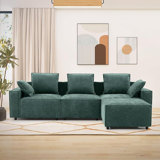 WILLOVE 109'' Modular Sectional Sofa, Chenille Cloud Couch with Wide Armrests & 5 Pillows, Deep Seat Couches for Living Room, Green