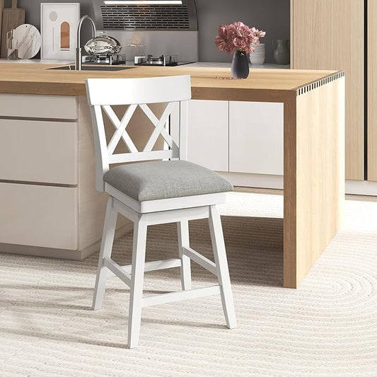 COSTWAY Bar Stool Set of 2 for Kitchen Island, 26" Counter Height Chair with Ergonomic Backrest, Foot Rest, Padded Seat & Solid Wood Structure, 360°Swivel Farmhouse Barstool with Back