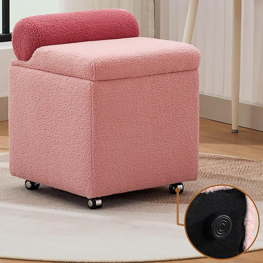 Boucle Vanity Chair with Storage, Swivel Makeup Vanity Chair with Wheels & Safety Hinge, Upholstered Vanity Stool Ottoman for Bedroom, Dressing Room, Pink