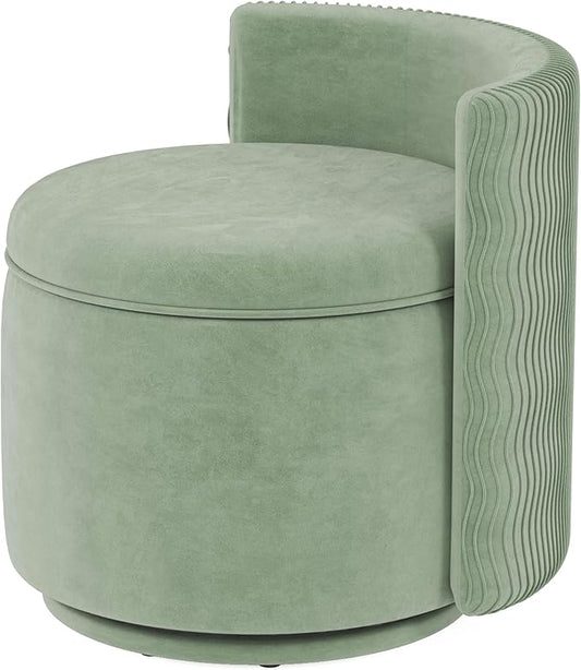 360° Swivel Accent Chair with Storage, Vanity Stool with Back, Velvet Storage Ottoman, Upholstered Round Barrel Vanity Chair for Living Room, Makeup Room, Bedroom (Green)