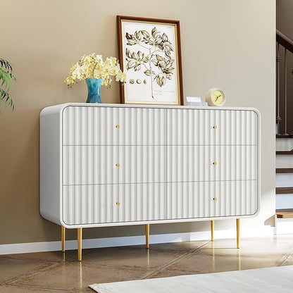 HLR White Dresser for Bedroom,48'' Wide Wood Chests of Drawers,Modern Fluted 6 Drawer Dresser with Gold Metal Handles,Clothes Deep Drawer Dressers Storage for Living Room,Hallway