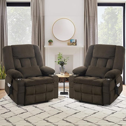 ABCASA Oversized Dual Motor Lay Flat Power Lift Massage Recliner Chair Set of 2, Lift Chairs Recliner with Lumbar Pillow, Cup Holder for Elderly with Heat for Living Room - Brown