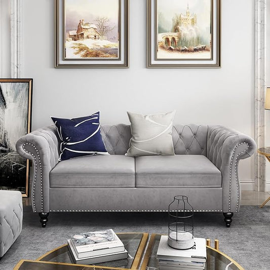 Chesterfield Loveseat Sofa, Modern Velvet Small Sofa Couch 2 Seater with Rolled Arms and Nailhead, Mid Century Modern Loveseat Couch for Small Spaces Living Room Bedroom Apartment, Grey