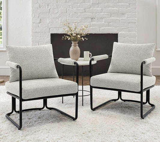 Accent Chairs Set of 2 for Living Room, Mid Century Modern Upholstered Reading Armchairs for Bedroom, Office, with Comfy Chenille Cushion & Metal Frame, Light Grey